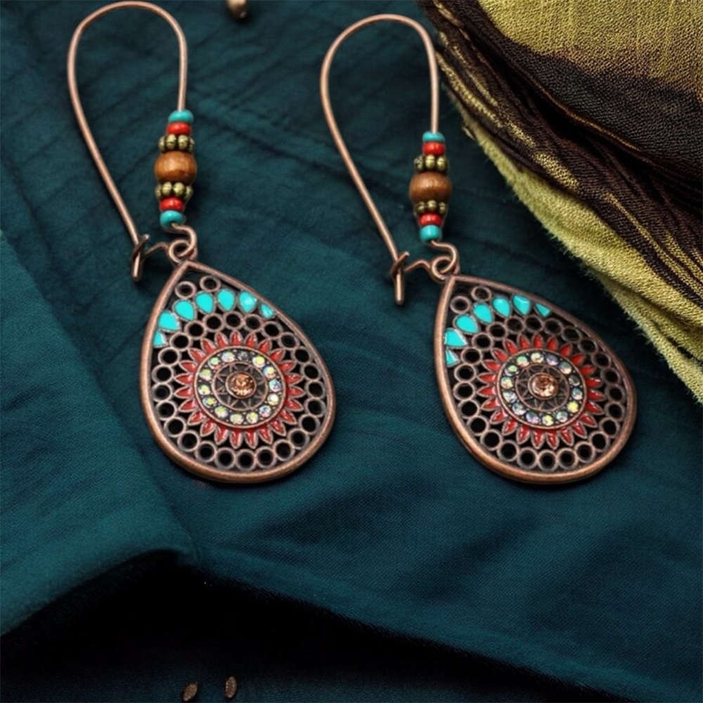 Bohemian Teardrop Earrings with Turquoise and Red Accents